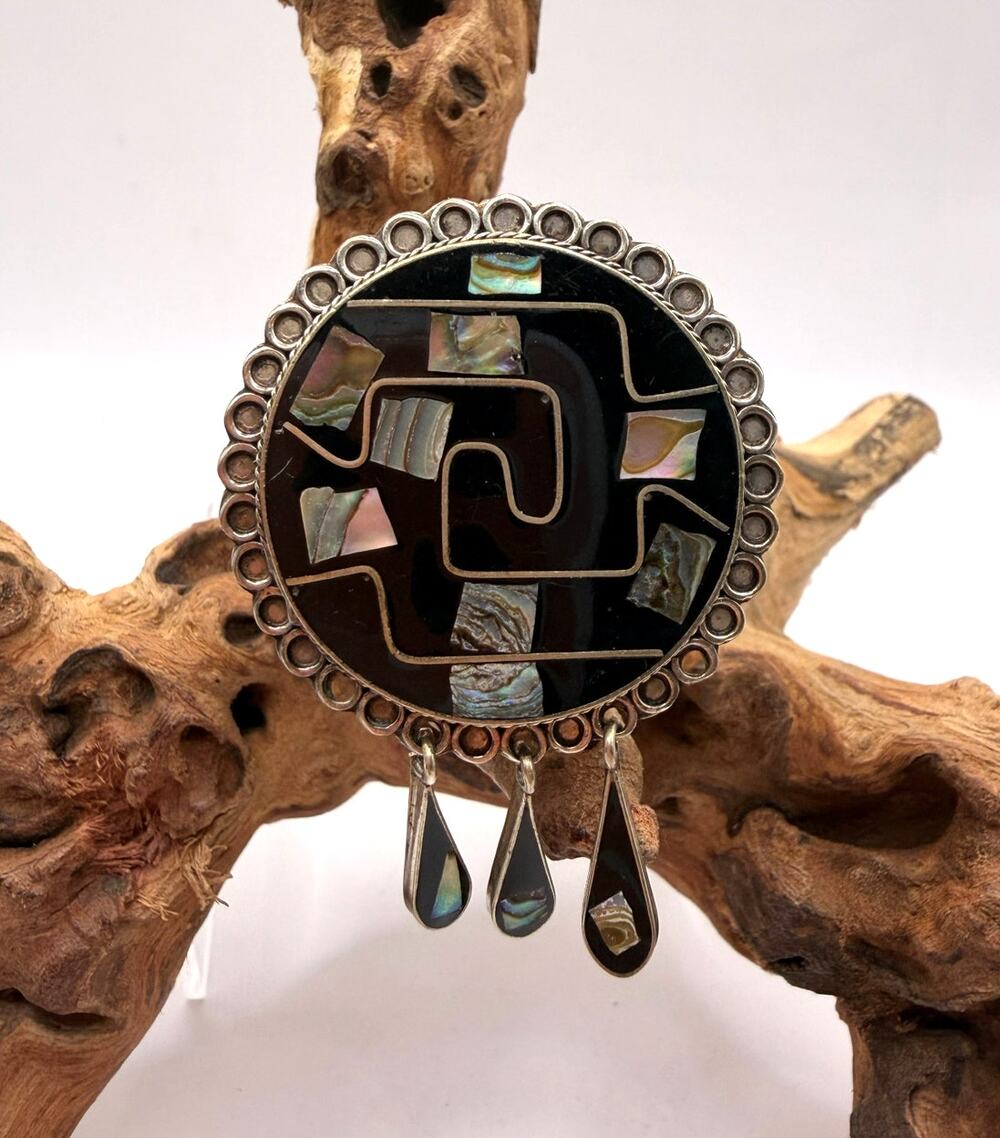 Vintage Alpaca Silver Brooch/Pendant W/Black Onyx & Abalone Mosaic Inlay